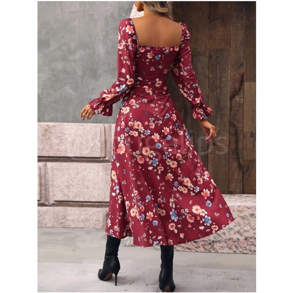 Floral Dress Square Neck Fit & Flare Maxi Long Sleeve Leg Slit Front Ties Red - Picture 3 of 10